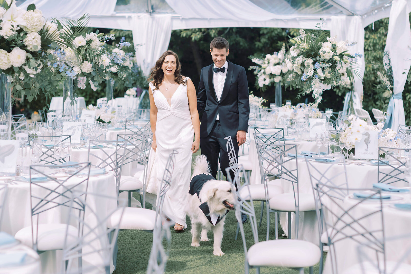 Elegant white wedding reception florals at a Seattle estate
